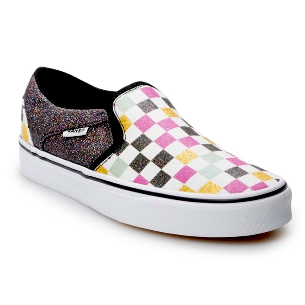 🌈🖤🤍NWOT VANS Asher Rainbow Checkerboard Sparkly Slip On Sneakers🤍🖤🌈